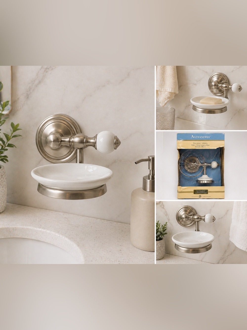 Alexandria Satin Nickel & White Ceramic Soap Dish | Wall Mount Bathroom NEW
